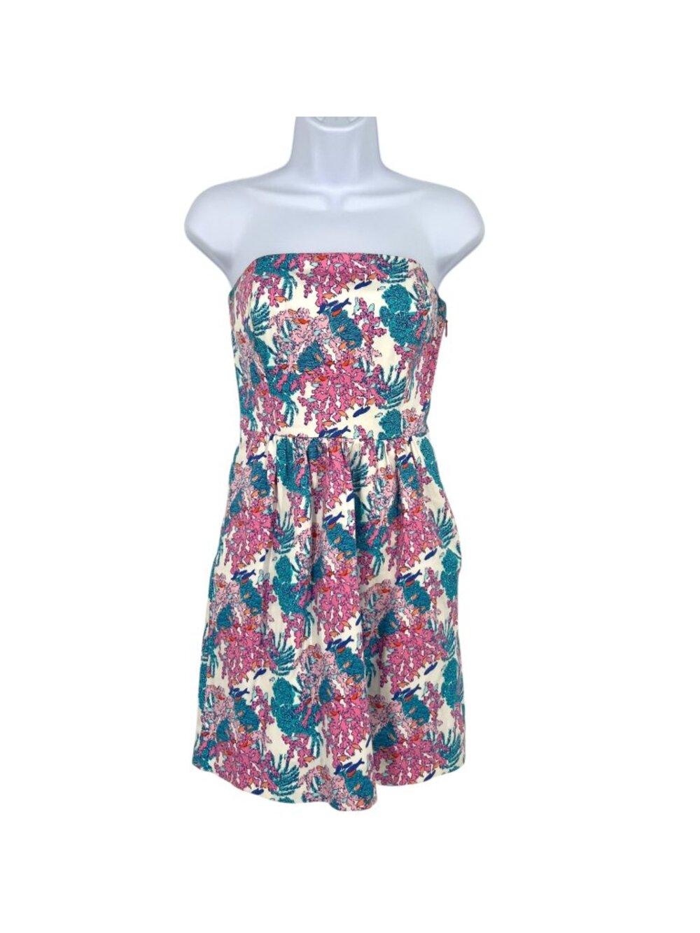 Vineyard Vines Ocean Life Strapless Coral Reef Print Dress Pink Blue Size 00